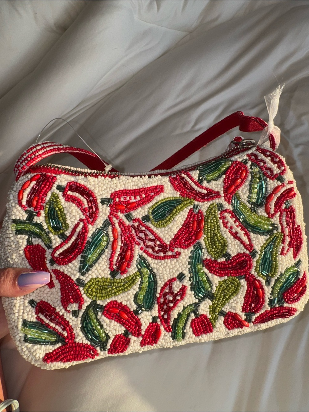 Chili Peppers Beaded Shoulder Bag Handmade in India New With Tags - Picture 7 of 10